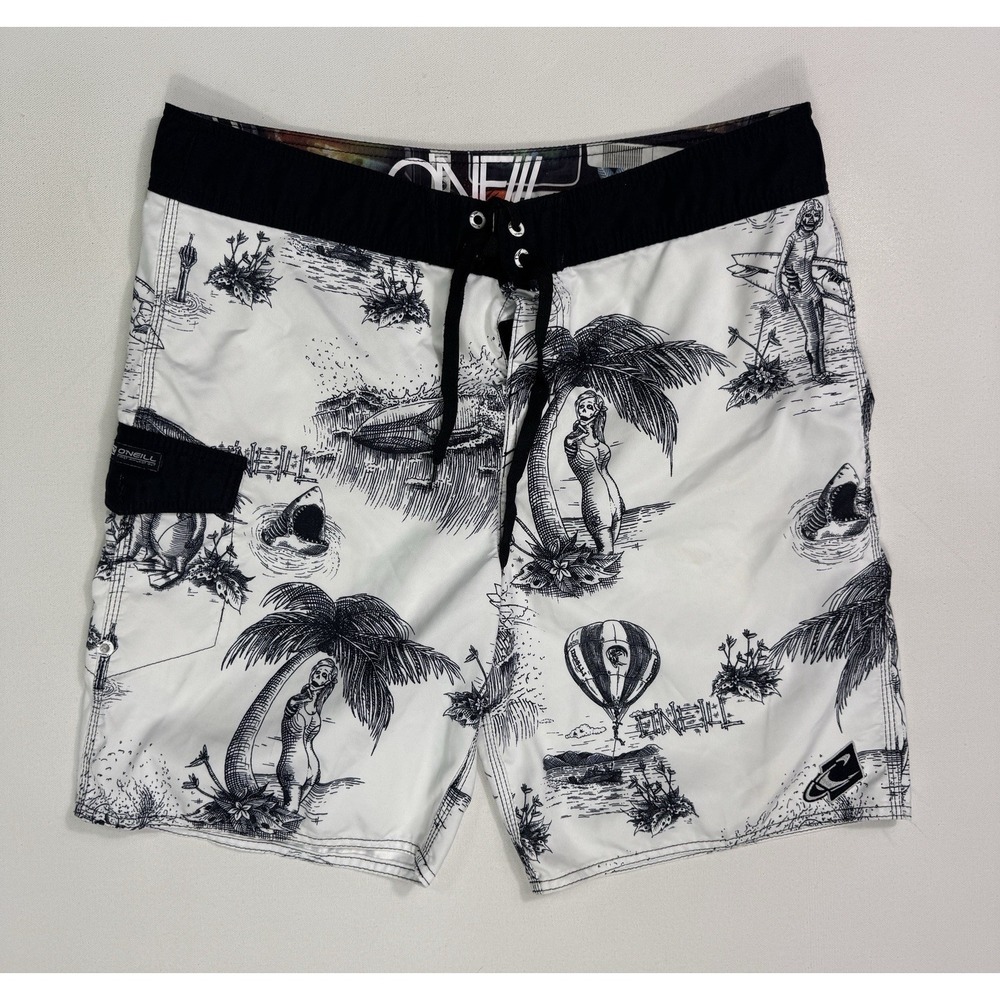 Oneill Hybrid Shorts Mens 34x9 Board Bermuda Beach Swim Skeleton Island Trees